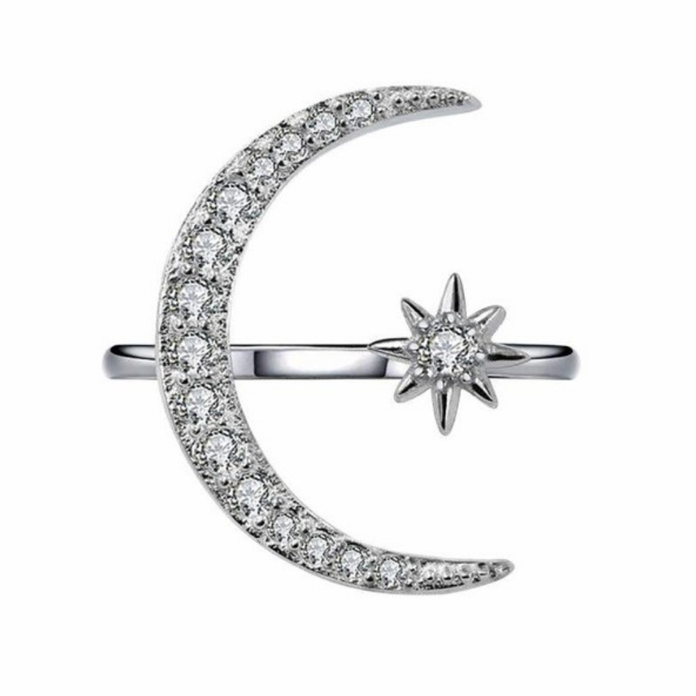Sterling Silver Diamond Moon Star Adjustable Ring - Picture 3 of 4